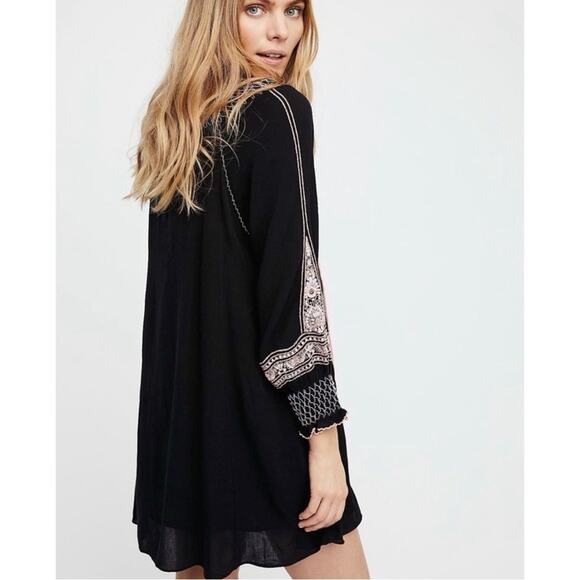 Free People Wind Willow Embroidered Navy Long Sleeve Mini Peasant Dress XS - Picture 4 of 12